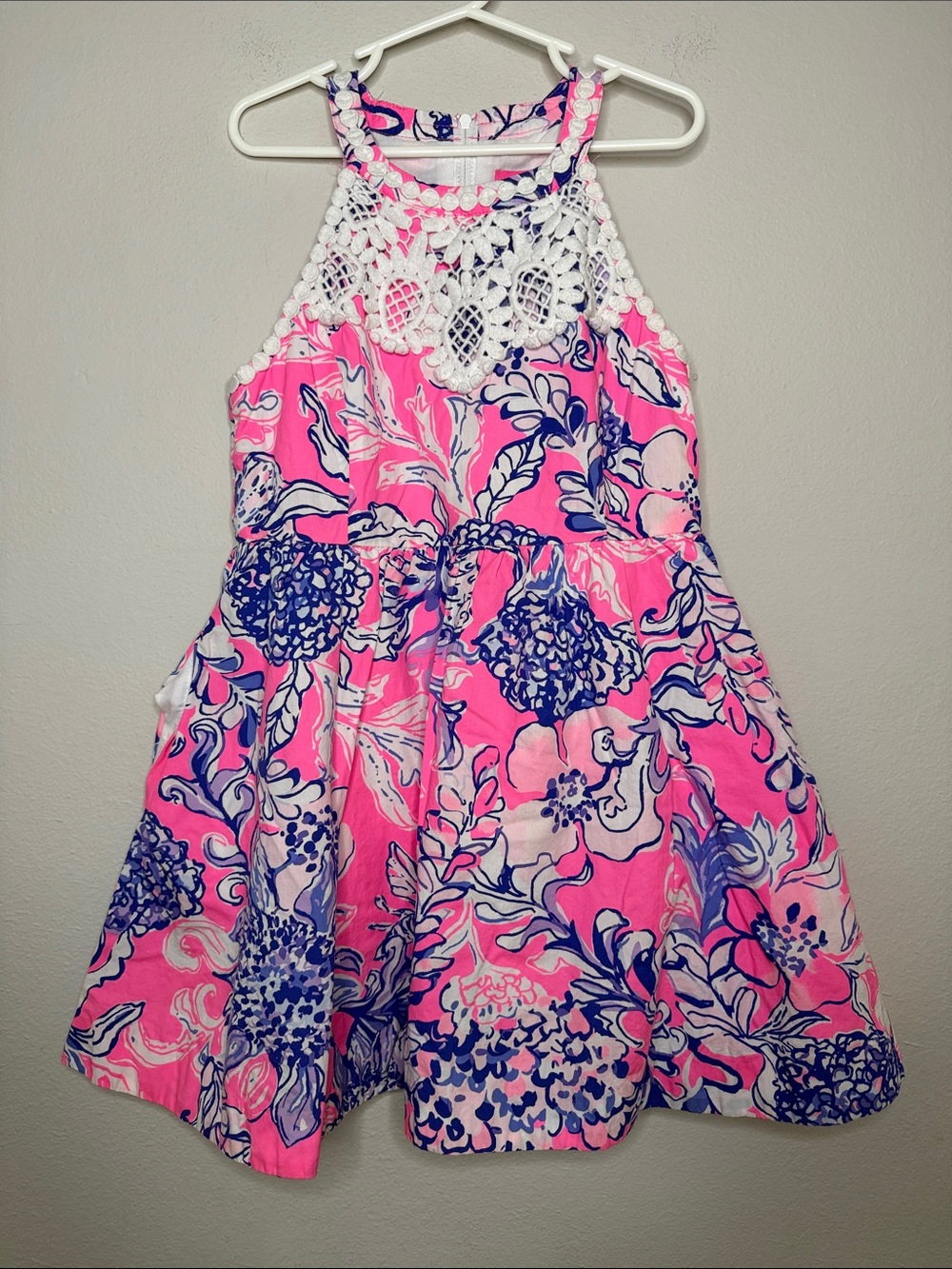 Lilly Pulitzer Girls "Kinley" Pink Blue Floral Crochet Halter Dress Size 8 [934]